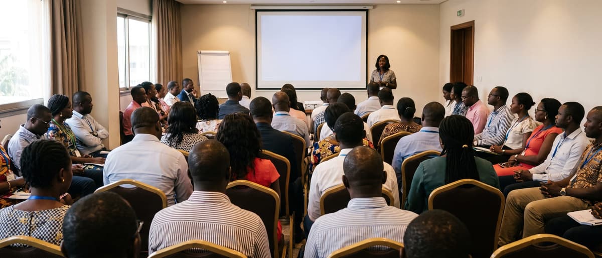 Rencontre professionnelle à Abidjan : une assemblée écoute une intervenante devant un écran de projection.