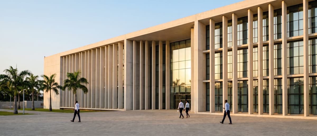 Façade d'un bâtiment institutionnel contemporain d'Afrique de l'Ouest, brise-soleil verticaux en béton clair et palmiers, en fin d'après-midi.