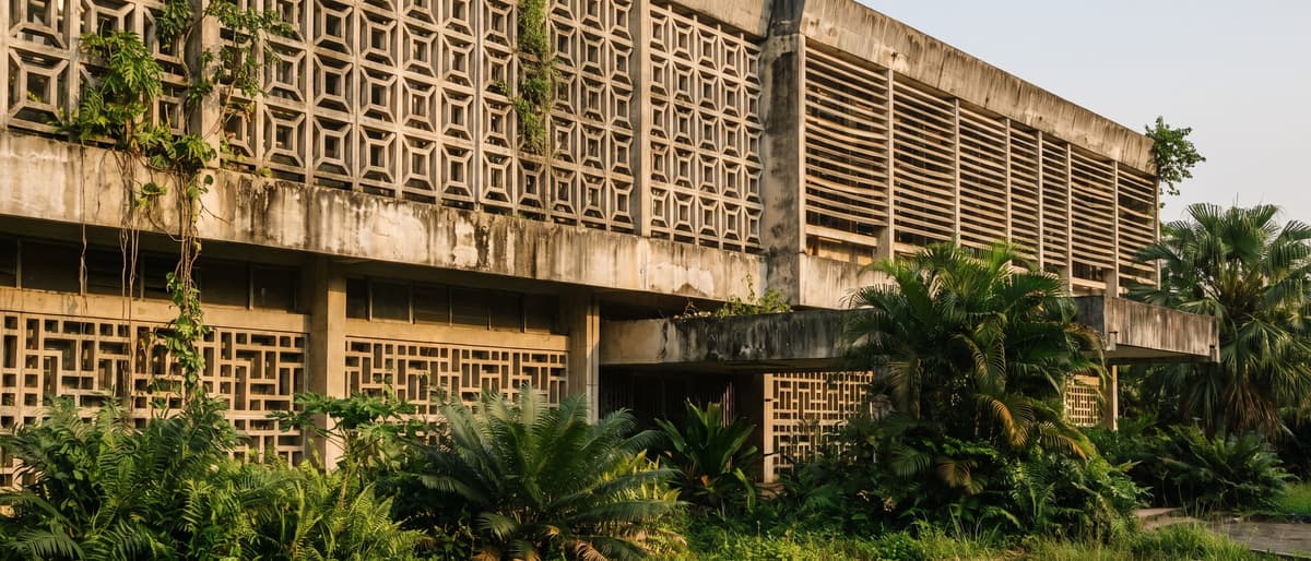 Bâtiment public de modernisme tropical des années 1970, claustras de béton ajourés gagnés par la végétation.
