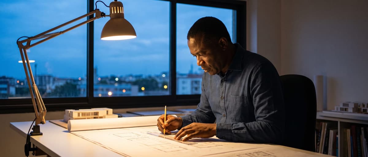 Un architecte seul à sa table à dessin au crépuscule, sous la lumière d'une lampe articulée.