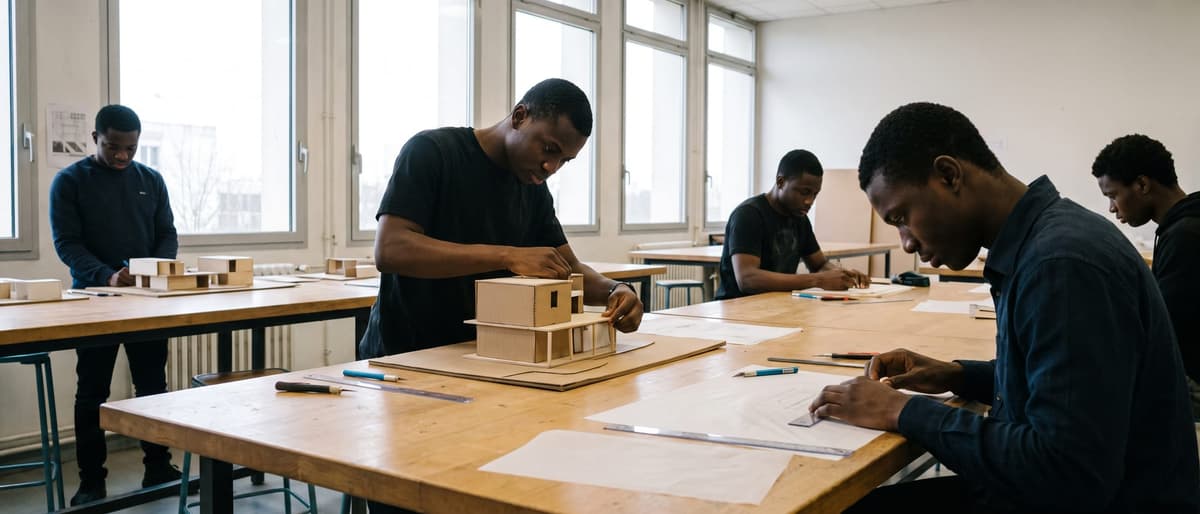 Atelier d'école d'architecture : des étudiants assemblent des maquettes en carton sur de grandes tables.