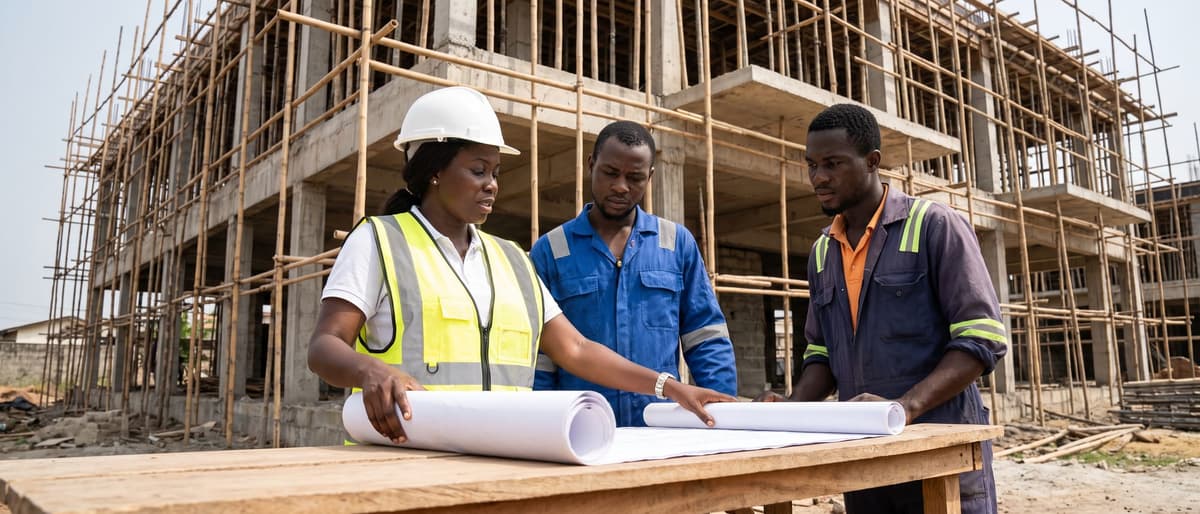 Une architecte casquée déroule un jeu de plans sur une table de chantier devant deux ouvriers, échafaudages en arrière-plan.